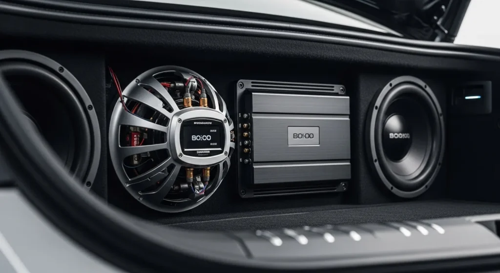 A car's interior with a subwoofer and amplifier installed, showing the components clearly.