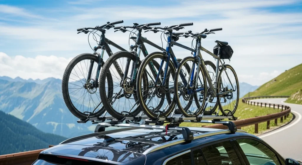 A car with multiple bicycles secured to a roof rack using individual bike mounts.