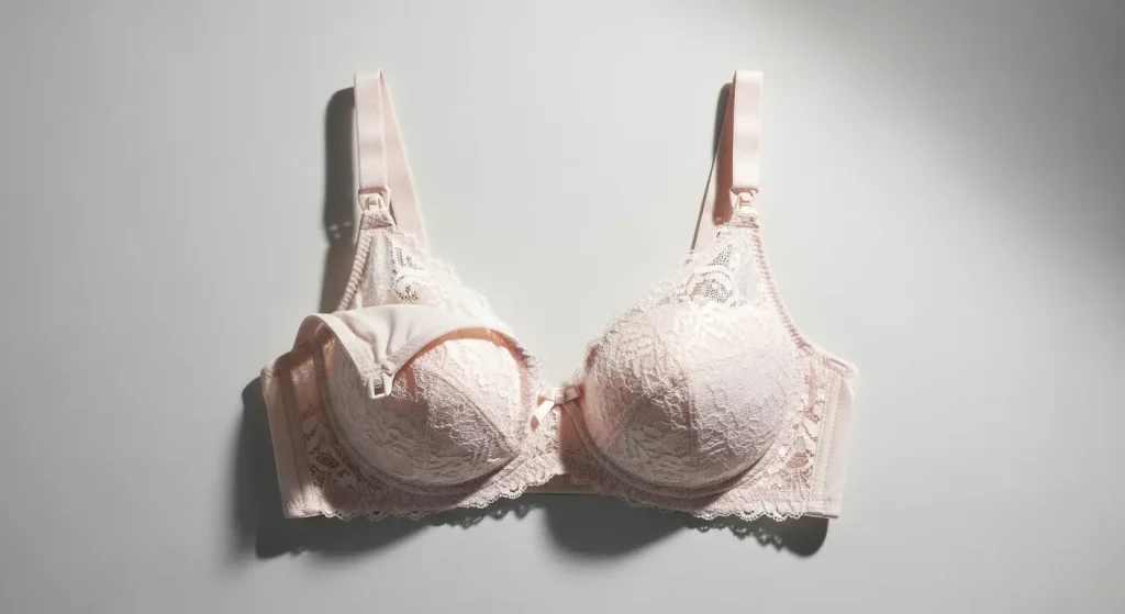 Close-up of a nursing bra with lace detailing, showing the clasp mechanism.