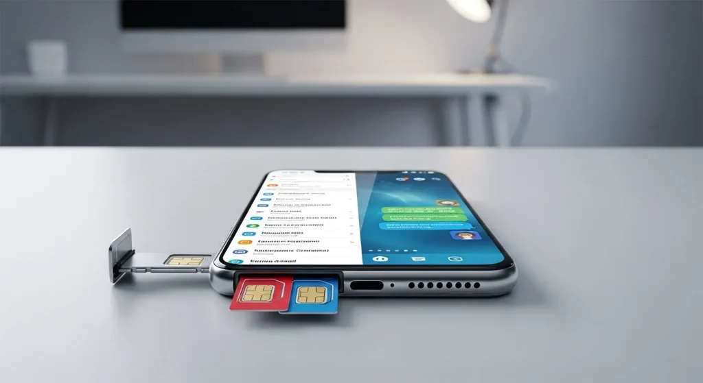A smartphone showing two SIM cards in its tray and a split screen displaying professional and personal communication apps.