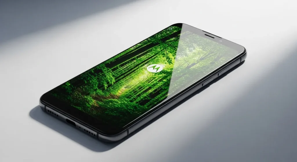 A modern smartphone with a clean design is shown on a minimalist background.