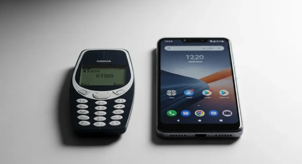 A classic Nokia phone with large buttons and a modern Nokia smartphone with a large touchscreen are displayed side-by-side.