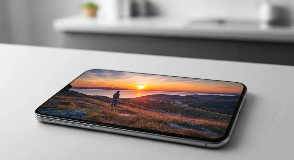 A landscape photograph taken with a smartphone camera at sunset, showing vibrant colors and a blurred background.