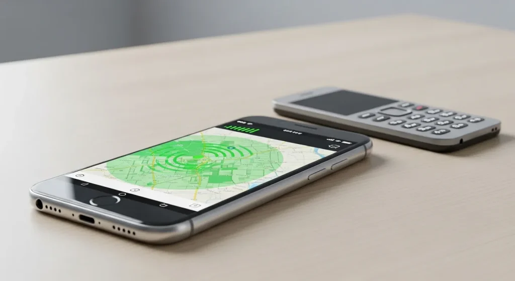 A modern smartphone with a metallic frame and glass back, displaying a strong cellular signal indicator on its screen, sits on a table next to a simpler phone.