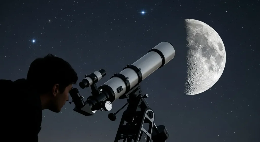 A person uses a telescope to view the night sky, with the moon and stars clearly visible.