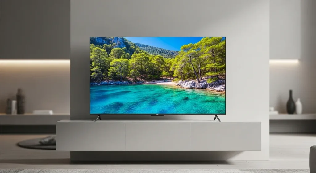 A modern flat-screen television with a thin bezel sits on a stand in a living room.