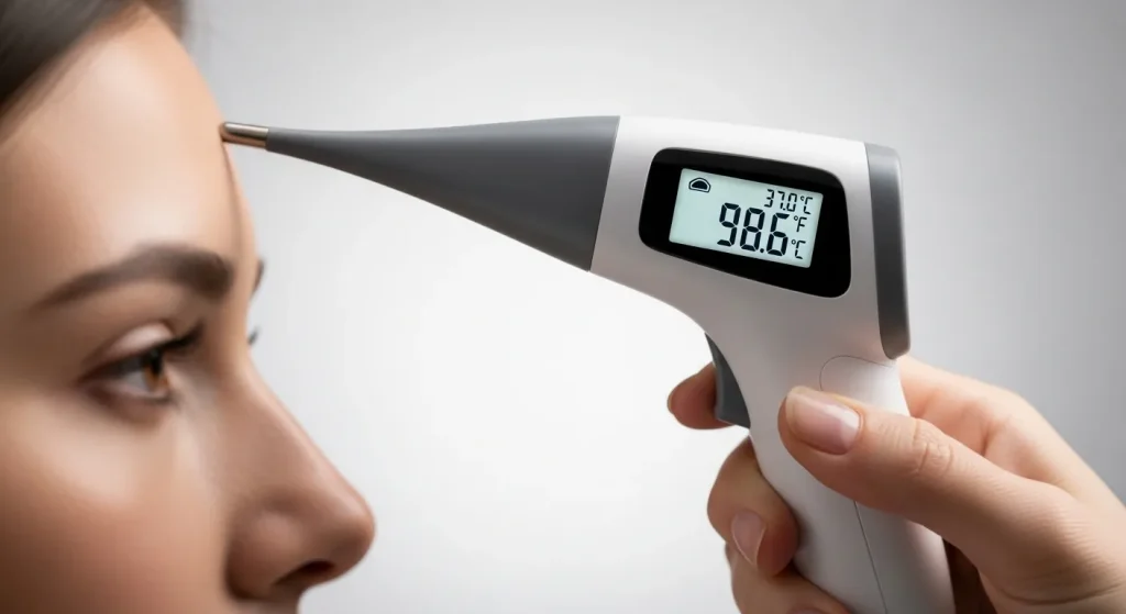 A person holds a digital infrared thermometer close to their forehead; the thermometer displays a numerical reading.