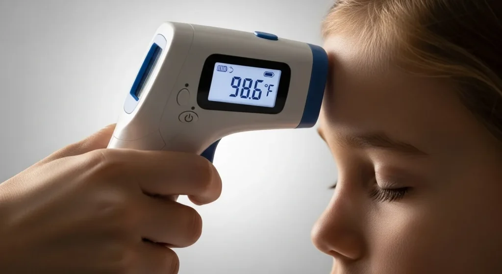A digital thermometer is pointed towards a child's forehead, displaying a temperature reading on its screen.