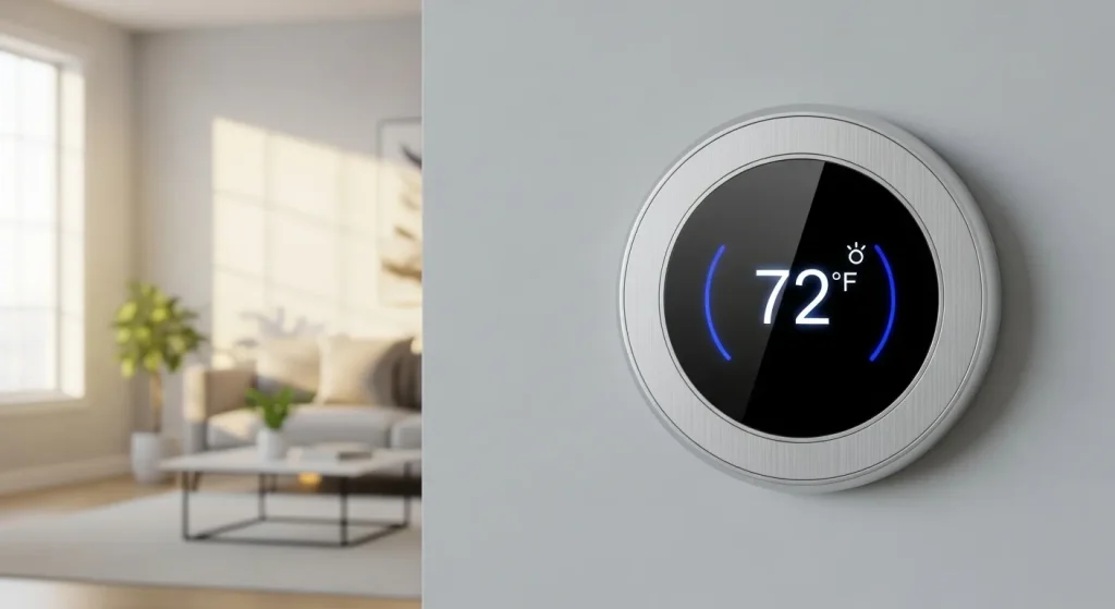 A wireless smart thermostat is mounted on a wall in a living room, displaying a digital temperature reading.