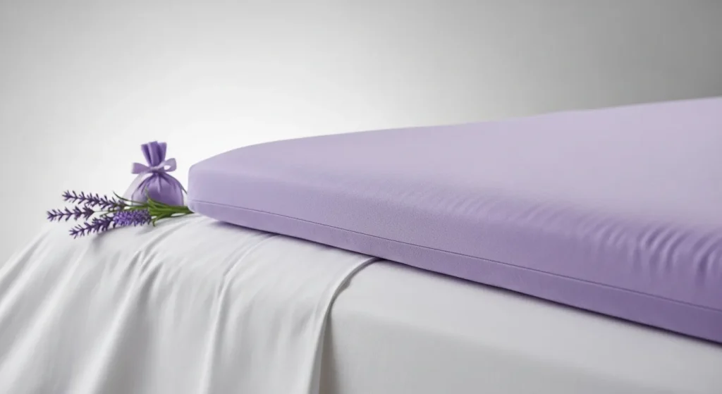 A close-up photograph of a lavender-colored mattress topper with a smooth surface, partially on a white bedsheet.