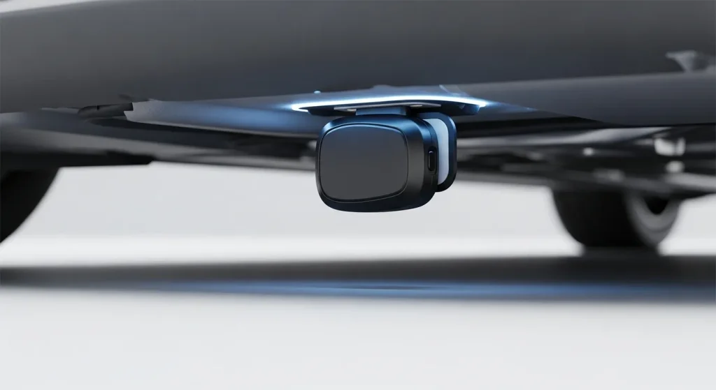A small, black GPS tracking device with an integrated antenna is shown close-up.
