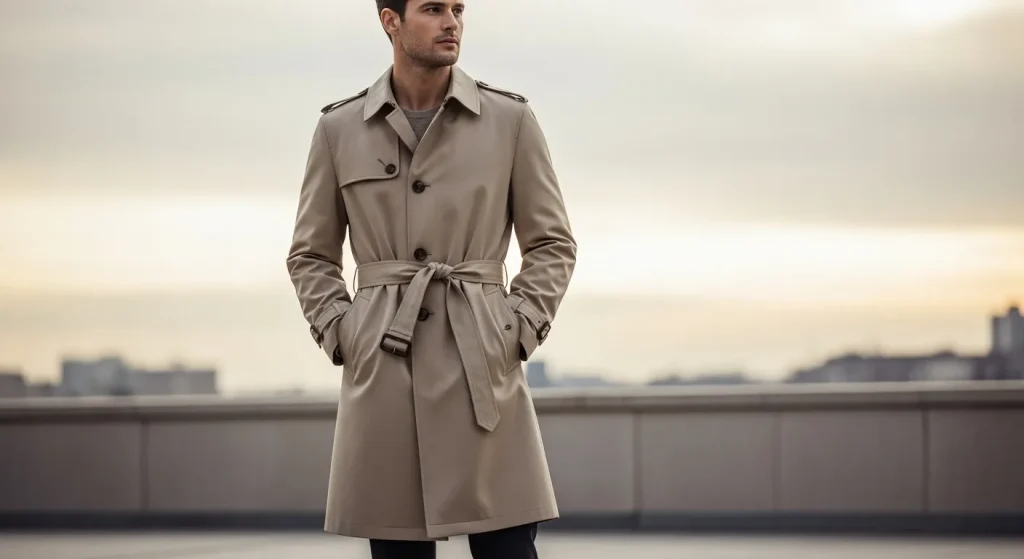 A man in a beige trench coat stands outdoors on a slightly overcast day.