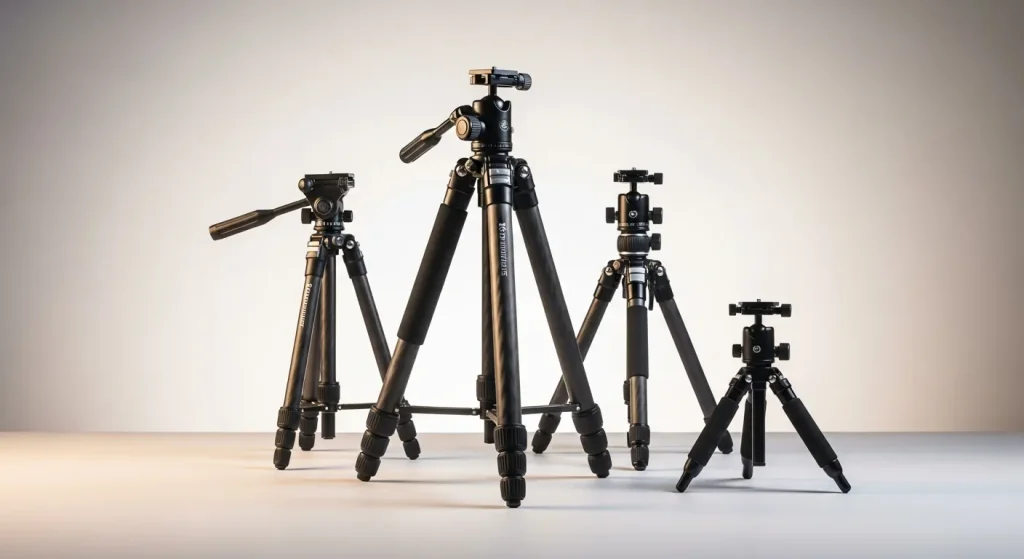 A variety of tripods of different sizes and materials are displayed, showing their versatility for different photographic situations.