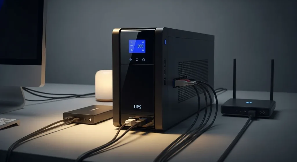 A close-up shot of a UPS unit with several electronic devices plugged into it, sitting on a desk in a dimly lit room.