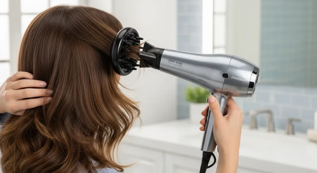 A woman styling her hair with a professional hair dryer and diffuser attachment in a bright bathroom.