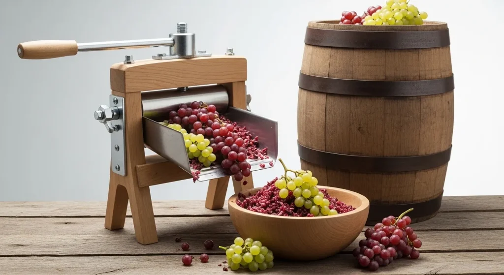 A manual grape crusher and wooden press with bunches of red and green grapes.