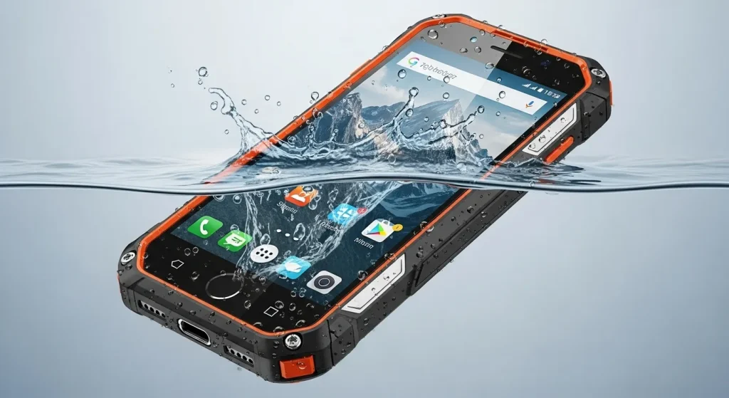 A rugged, waterproof mobile phone with orange accents lies partially submerged in clear water.