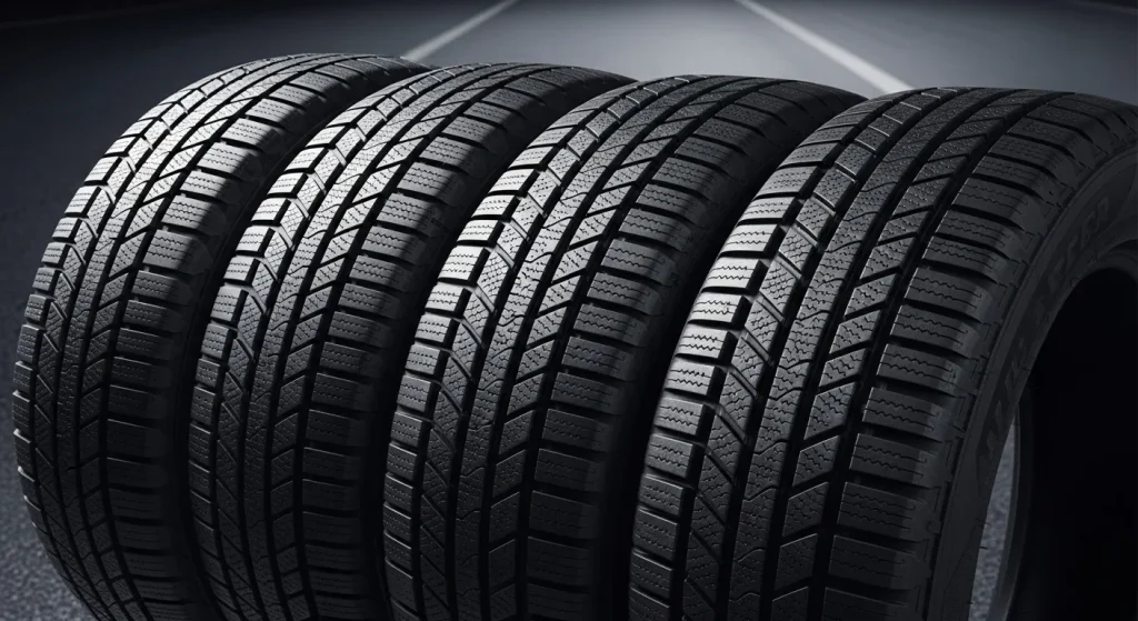 Four new all-season tires with a visible tread pattern suitable for various weather conditions.