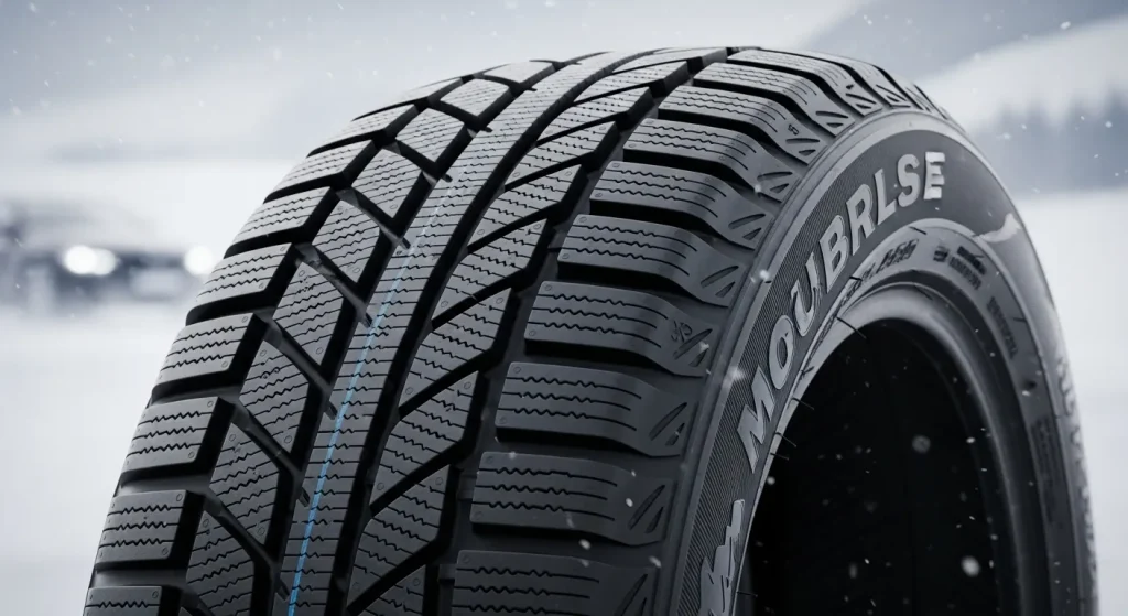 A close-up photograph of a winter tire with deep tread, showing its texture and brand logo against a snowy background.