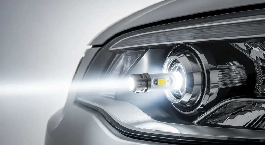 A close-up view of a car's headlight showcasing a newly installed bright white LED bulb.