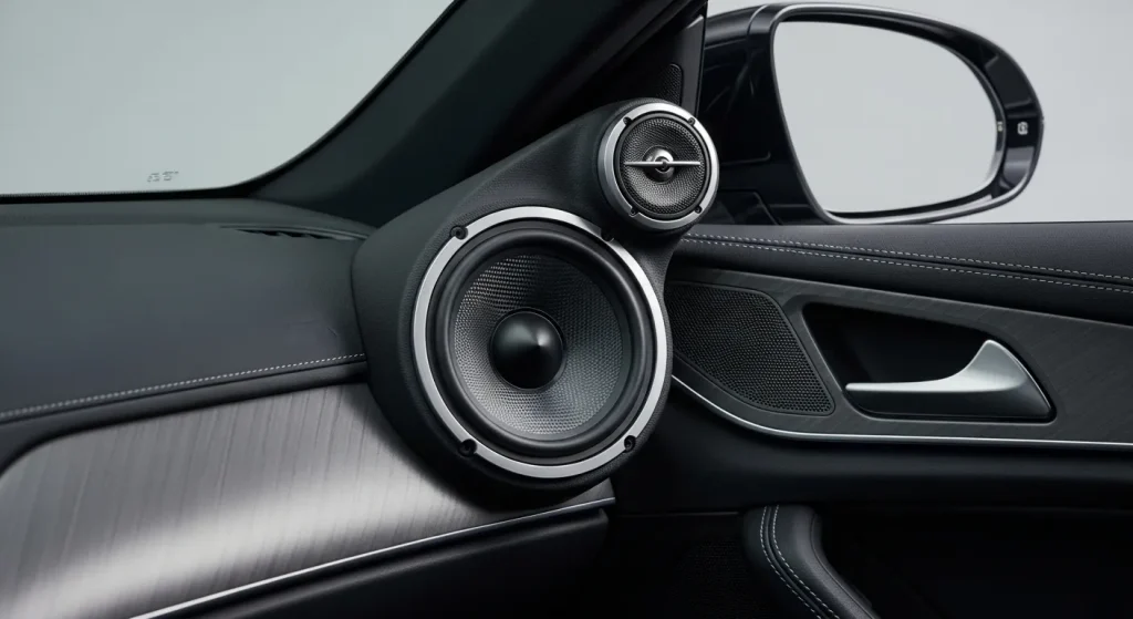 A close-up view of a car's interior, showcasing a set of high-end speakers installed in the door panel.