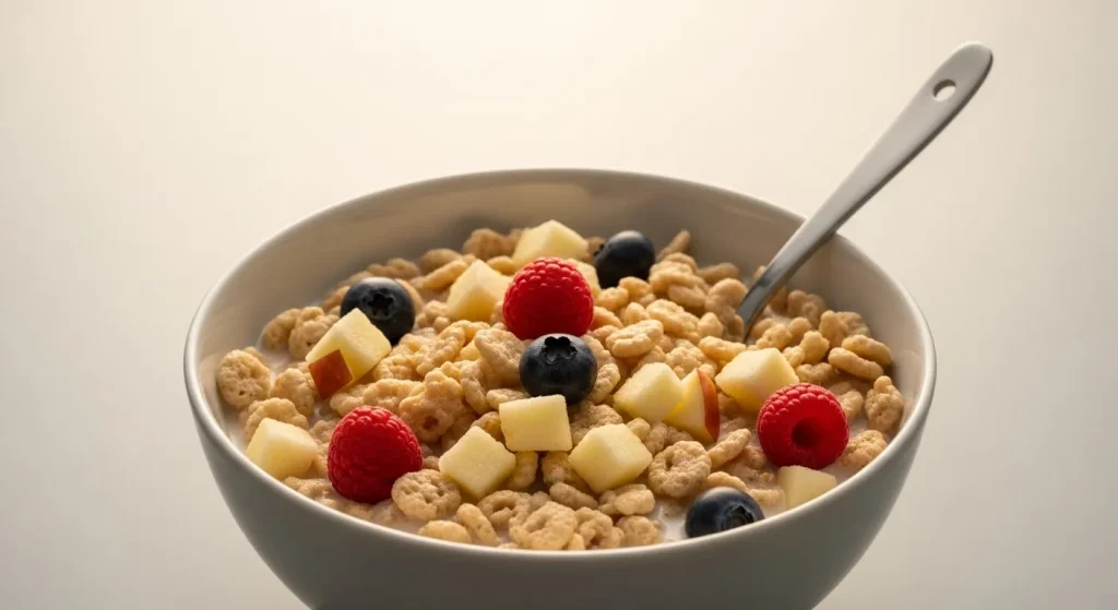A close-up of a bowl of baby cereal with fruit, presented against a light-colored background.