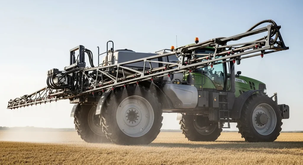 A large agricultural sprayer with a long boom spraying a field.