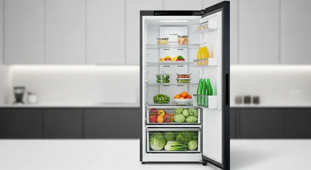A stainless steel refrigerator with its door open, revealing organized shelves and drawers filled with various food items.