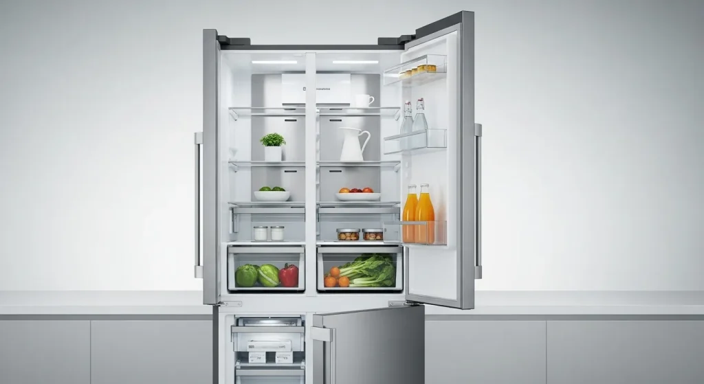 A stainless steel refrigerator with two doors, multiple shelves, and a spacious freezer compartment.