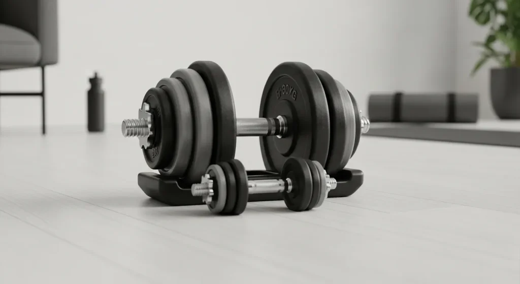 Adjustable dumbbells of varying weights and materials, arranged in a home gym setting.