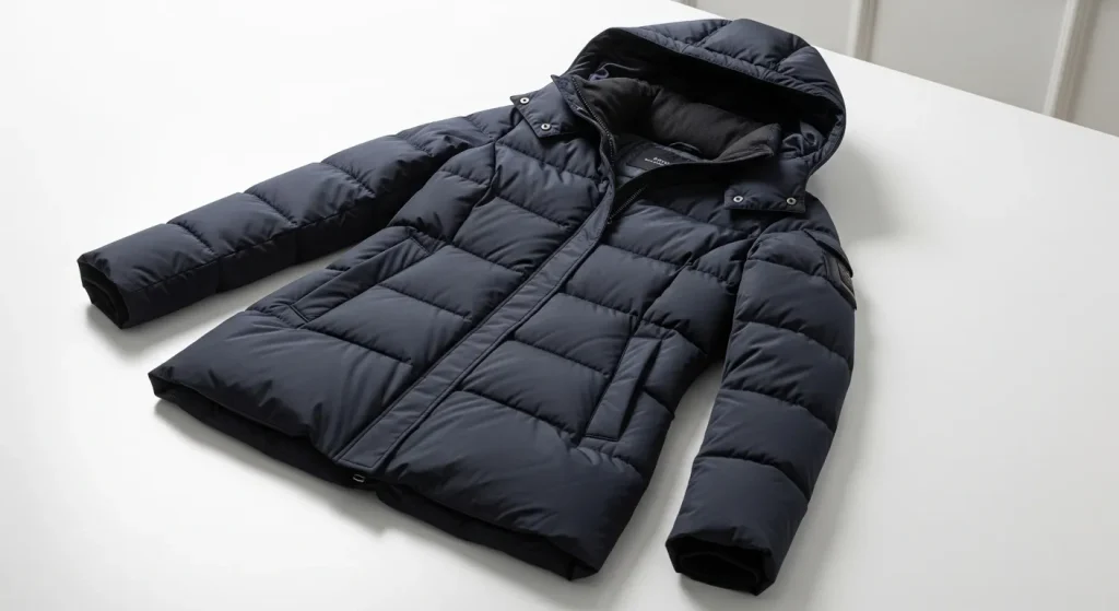 A woman's winter jacket with a hood, hanging on a hanger or worn by a model.