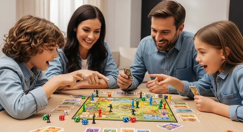 A family plays a colorful board game at a brightly lit table.