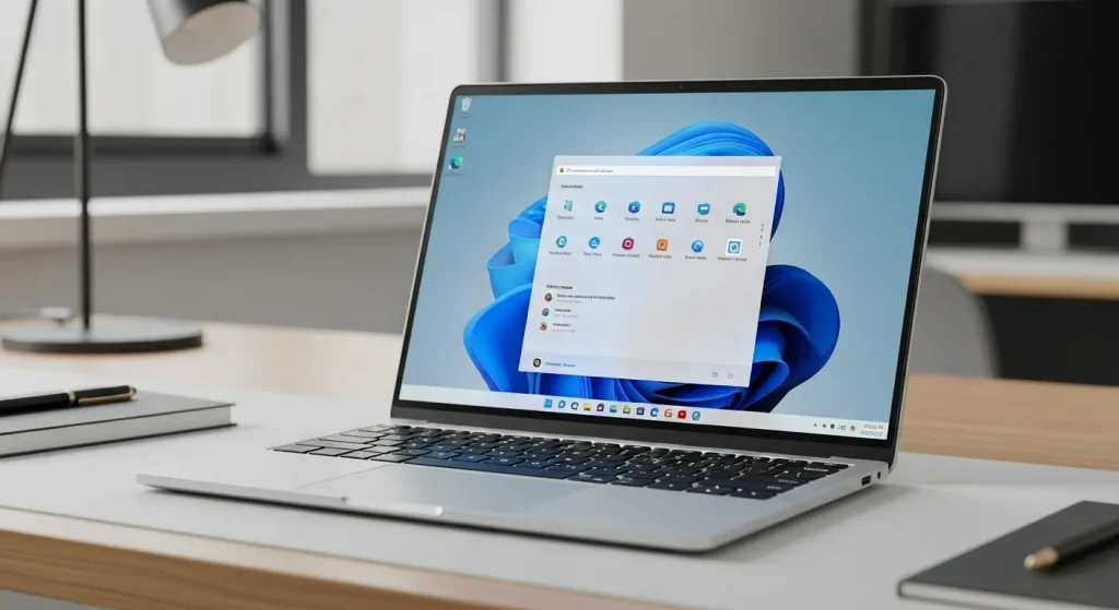 A silver laptop computer with a large screen, open on a desk.