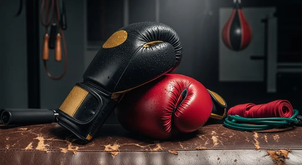 A close-up photograph of a pair of boxing gloves on a punching bag in a boxing gym.