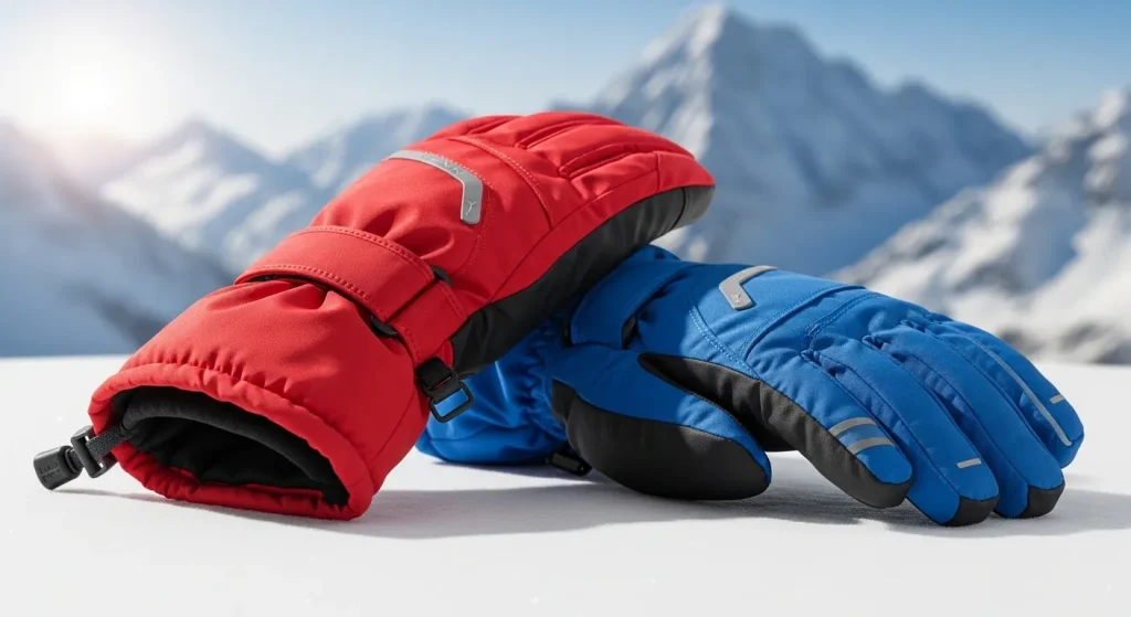 A close-up photograph of a pair of brightly colored ski gloves with a Velcro closure, set against a snowy mountain landscape.