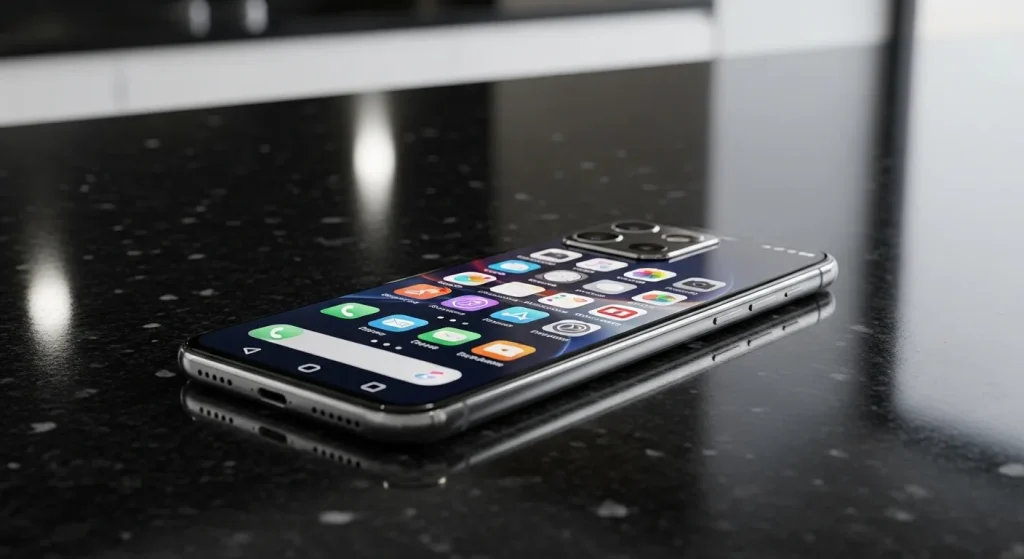 A smartphone with a bright screen displaying various apps sits on a dark surface.