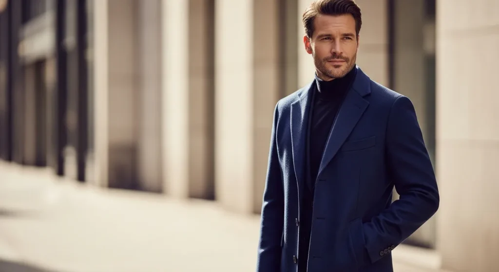 A man in a wool blend overcoat stands outdoors.