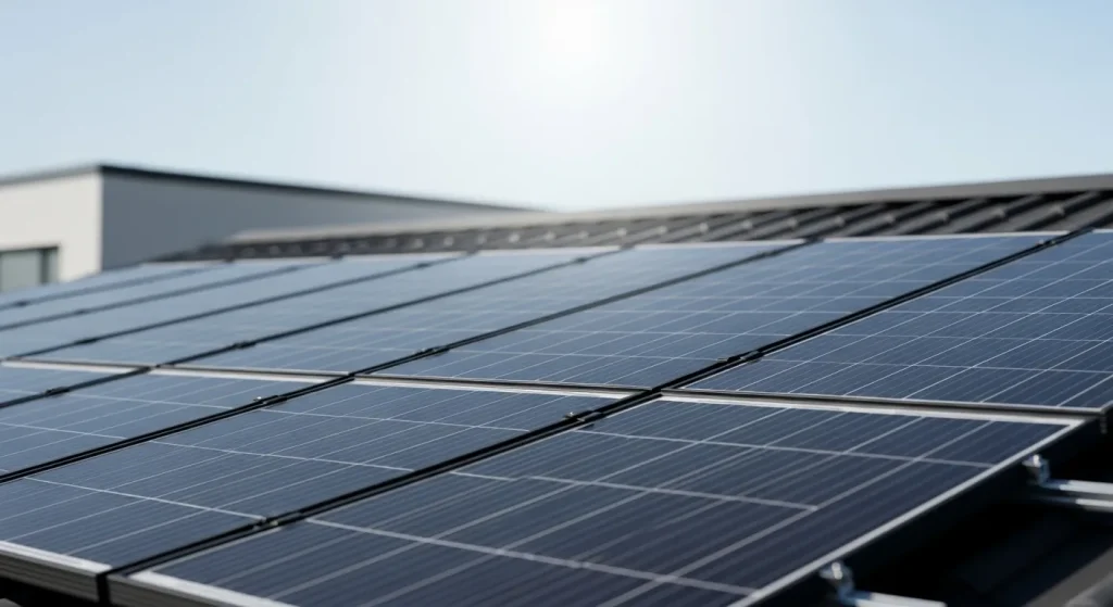 Several solar panels are mounted on a residential roof under a clear blue sky.