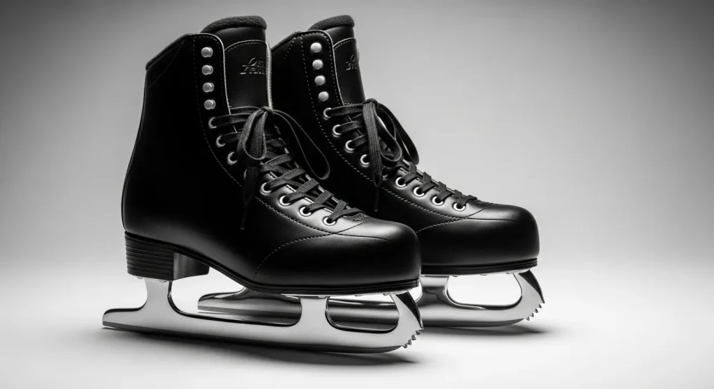 A close-up shot of a pair of black ice skates with laces, showing the details of the blade and boot.