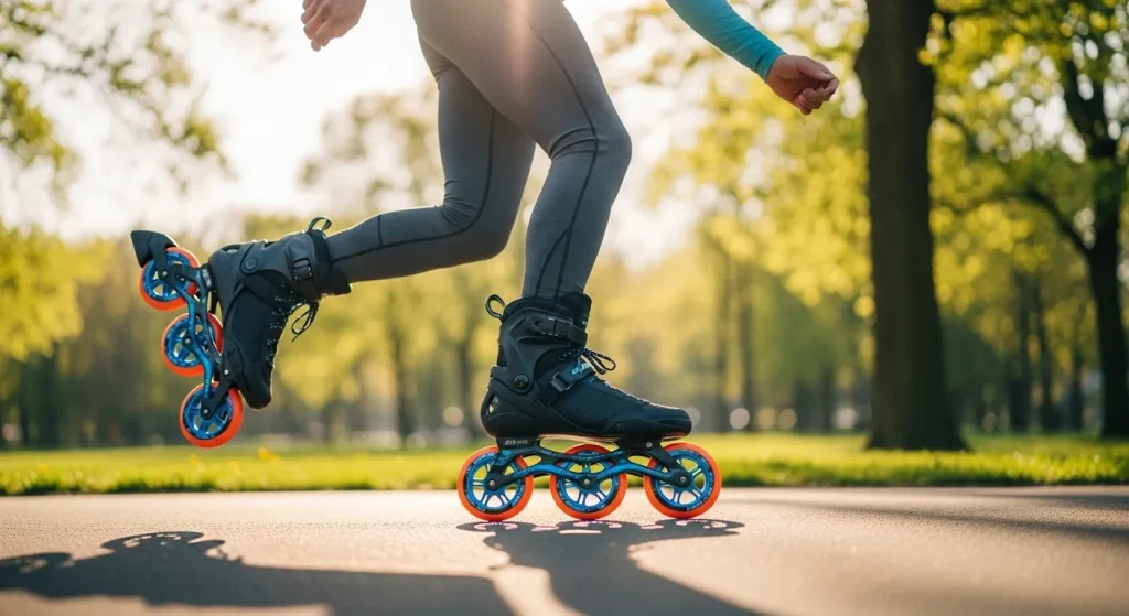 A person rollerblading outdoors, wearing inline skates.