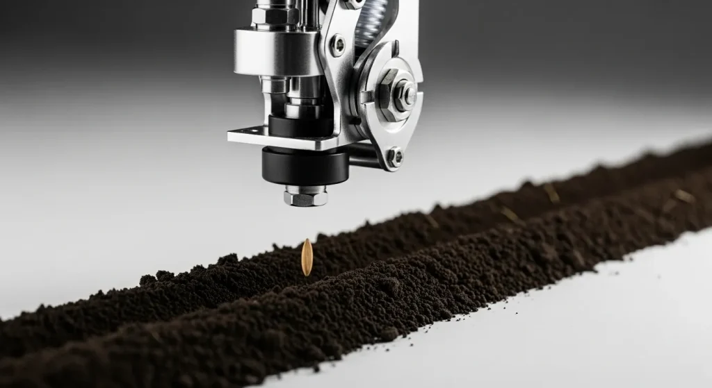 Various types of seed drills, including large agricultural models and smaller hand-held and tractor-mounted versions, are shown in photographs.