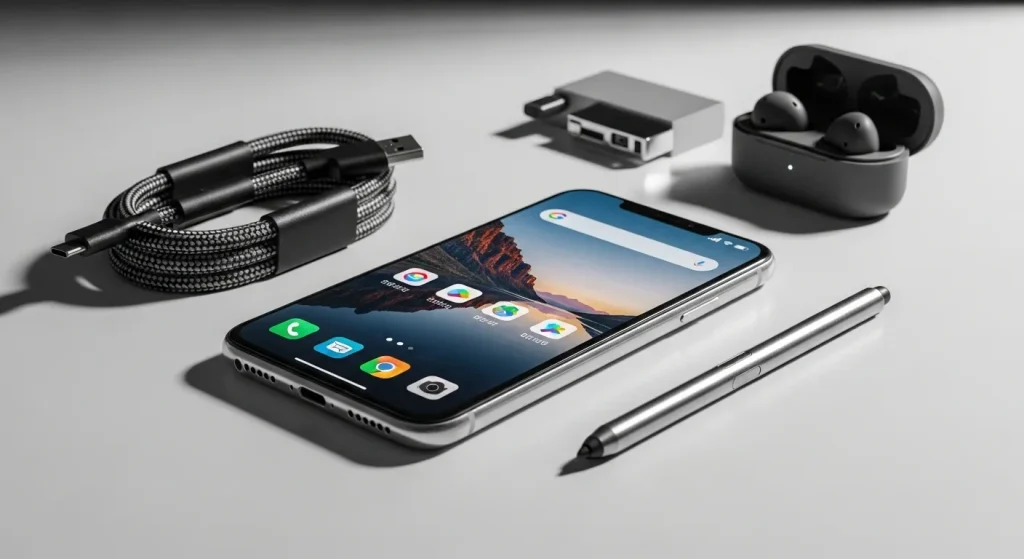 A used smartphone in excellent condition, resting on a table, with a clear and bright screen.