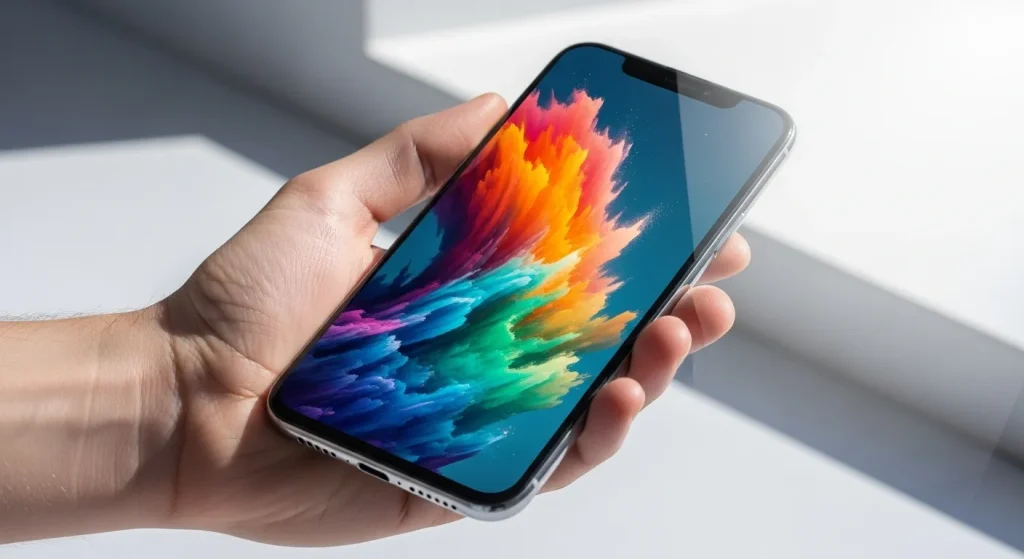 A person's hand holding a smartphone with a large screen displaying a bright image.