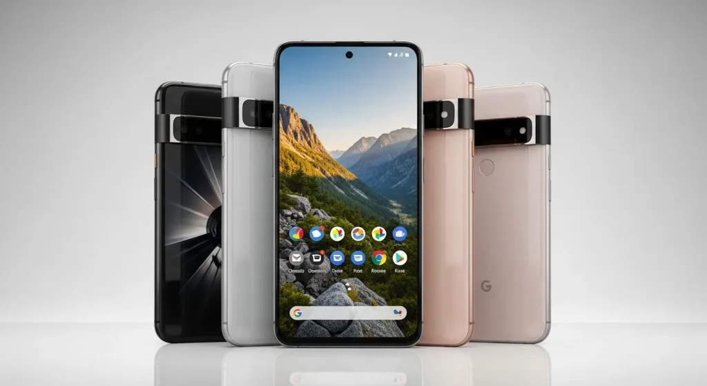 A Google Pixel 9 smartphone in its packaging, showcasing the phone's design and screen.