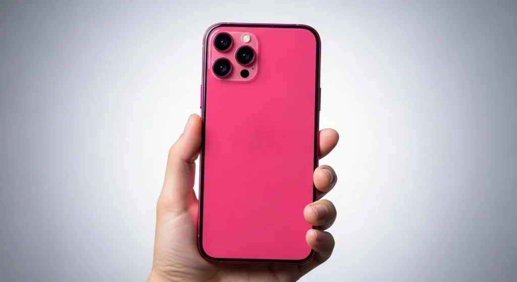 A close-up photograph of an iPhone 13 showcasing its diagonally arranged dual camera system and a smaller notch at the top of the screen.