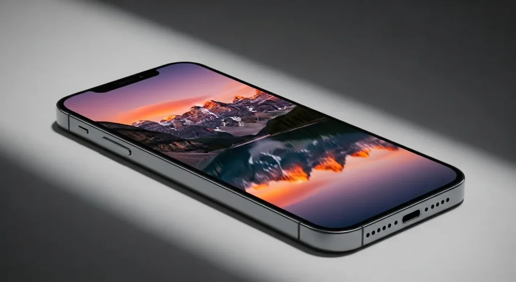 A gold iPhone 14 Pro Max lies on a dark surface; its screen displays a landscape photograph.
