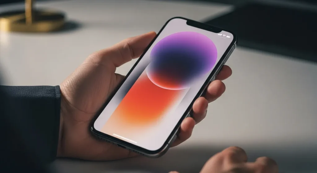 A close-up of an iPhone 16, highlighting its sleek design and large display.