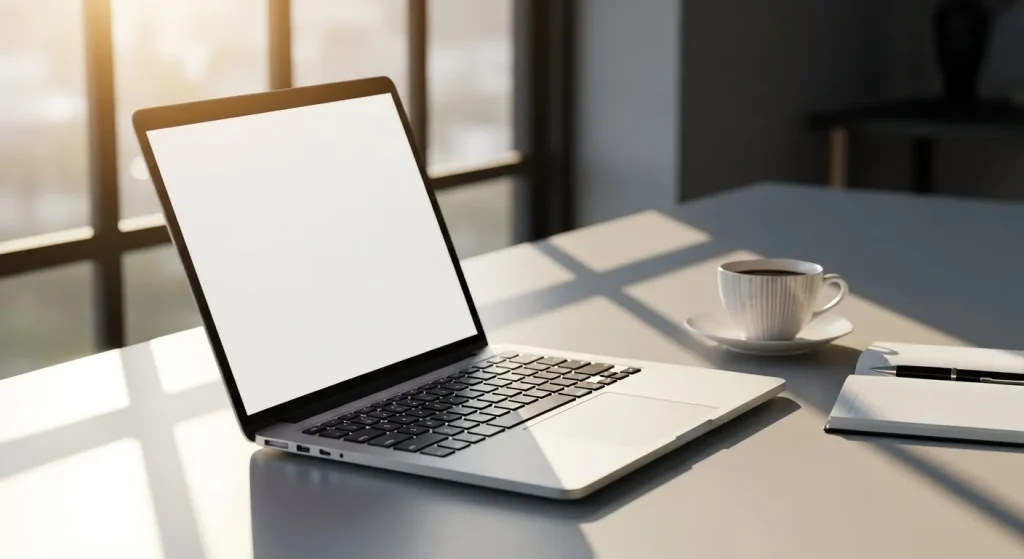 A silver laptop sits on a desk next to a coffee cup and notebook, with sunlight illuminating the scene.