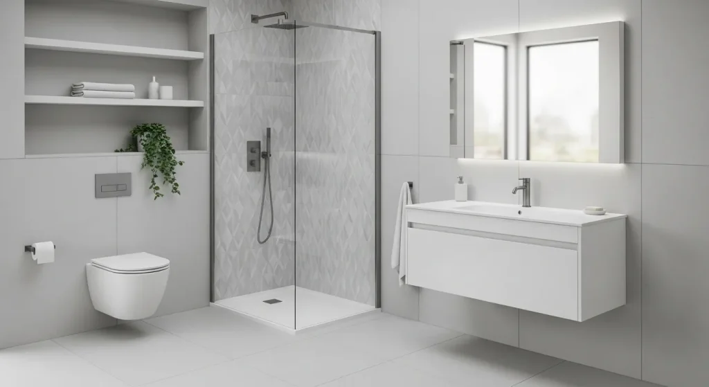 A small, modern bathroom with a walk-in shower, white fixtures, and light-colored walls.