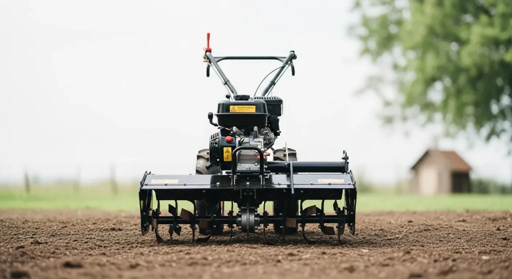 A cultivator with attachments, ready to be used in a garden or field.